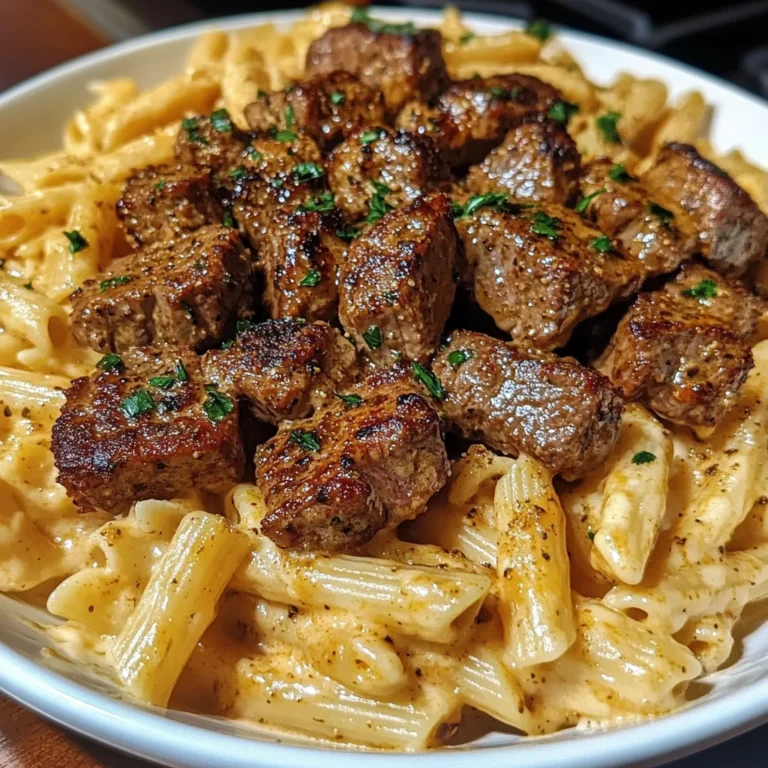 Cajun Steak Tips with Penne in Creamy Parmesan Cheese Sauce