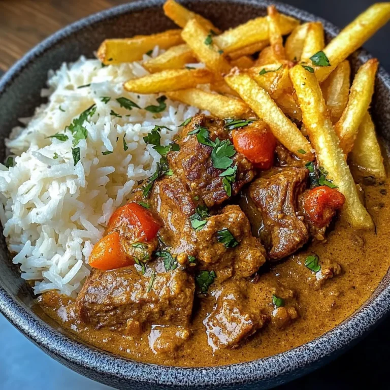 Slow-Cooked Beef Coconut Curry with Rice & Crispy Fries