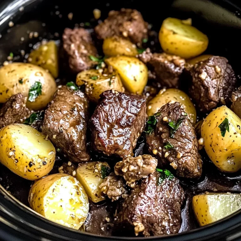 crockpot garlic butter beef bites with potatoes