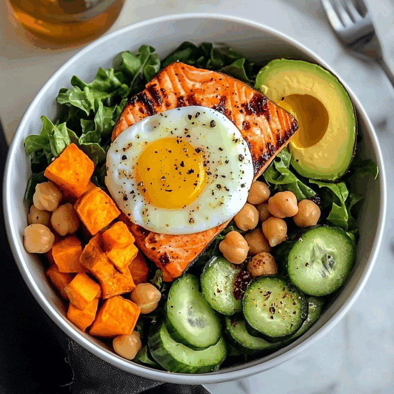 Omega Bowl: Salmon, Jammy Egg & Greens with Chickpeas & Sweet Potato