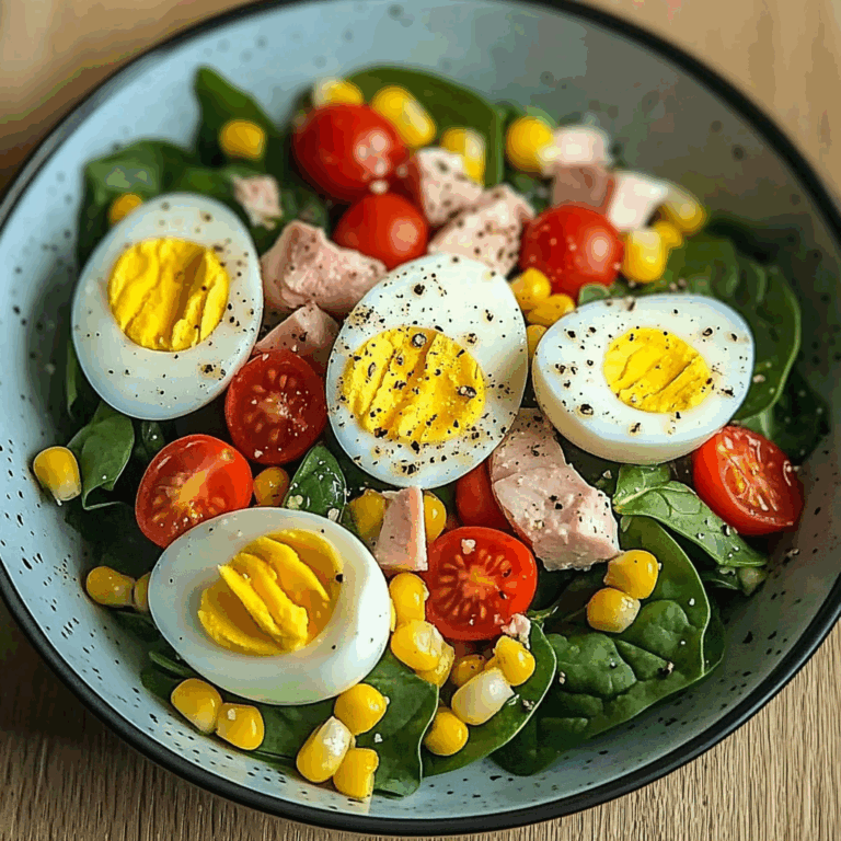 Spinach Salad with Soft-Boiled Eggs, Cherry Tomatoes, Corn & Creamy Dressing